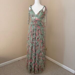 B Darlin Green and Pink Ruffled Maxi Dress